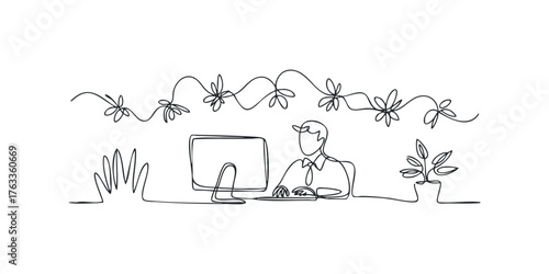 Single line drawing of person working on computer with plant
