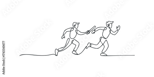 Two athletes passing baton in continuous line drawing