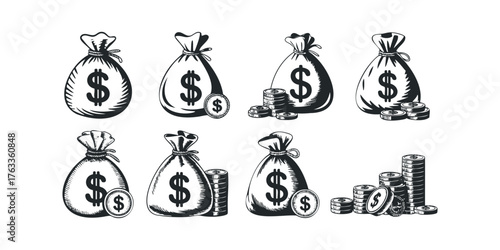 Collection of drawn money bags and stacks of coins