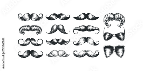 Collection of various handlebar mustaches and sunglasses