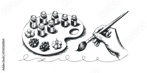 Hand holding paintbrush over ink bottles and fruit on palette