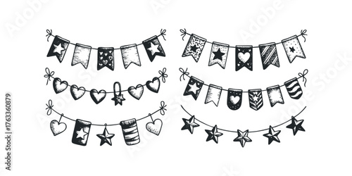 Hand-drawn party banners and string decorations