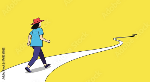 Person in Red Hat Walking on Winding Road on Bright Yellow Background - Journey, Future, and Progress Concept