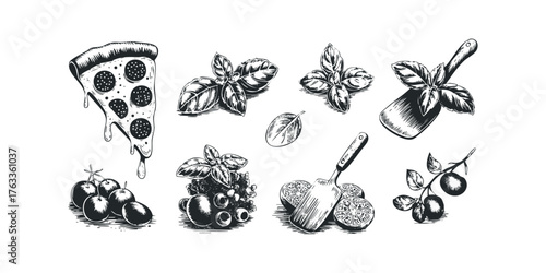 Black and White Ink Drawing of Pepperoni Pizza Slice and Ingredients