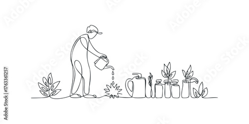 Gardener watering plants with a can, single line drawing