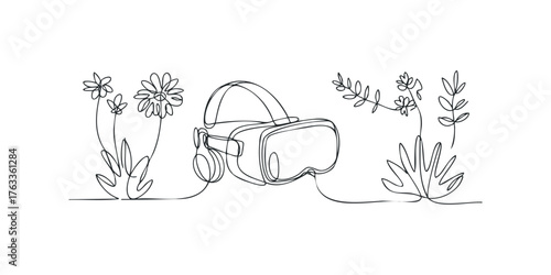 Virtual reality headset surrounded by outline drawings of flowers