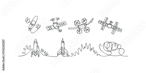 Abstract line drawings of rockets, satellites, and space stations