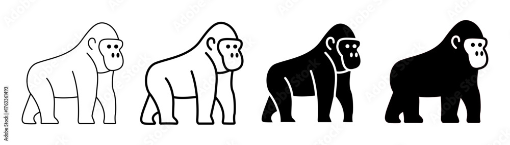 Fototapeta premium Set of minimalist gorilla icons with transparent background, featuring outline and glyph styles, representing wildlife, zoo, and nature themes, vector illustration.