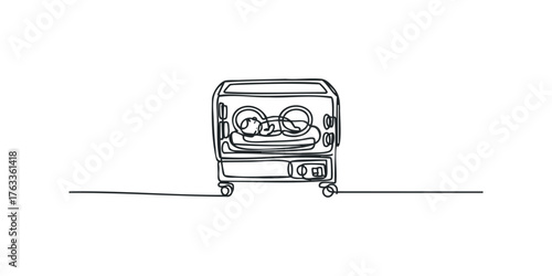Infant incubator with sleeping baby in single line drawing