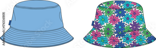 Bucket hat front and side flat vector illustration, reversible floral print and plain design, fashion accessory CAD drawing template