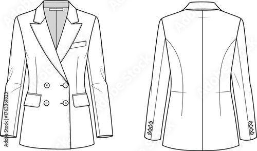 cad drawing flat vector illustration, blazer jacket technical sketch, front and back view, fashion design template, formal women’s apparel mockup