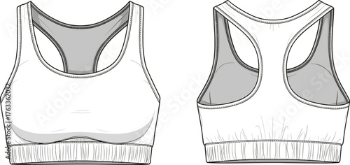 cad drawing flat vector illustration, sports bra technical sketch, activewear top template, women’s fitness clothing design, athletic apparel mockup, fashion flat