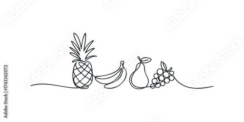 Line art of pineapple bananas pear and grapes