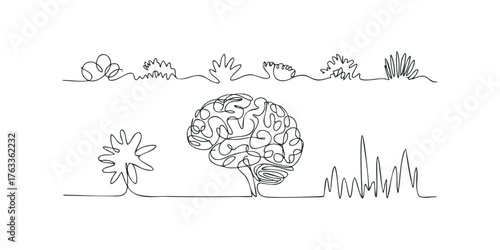 Line art of a human brain with abstract organic shapes