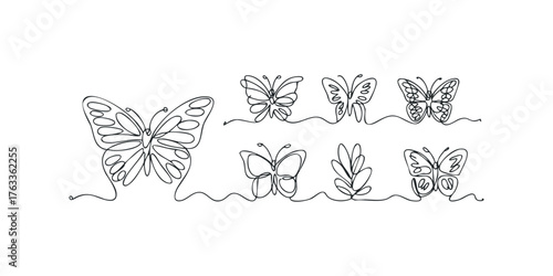 Collection of Minimalist Line Drawing Butterflies and Leaves