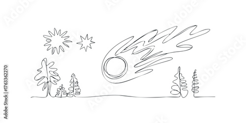 Meteor streaking across sky over abstract trees