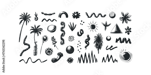 Black Ink Sketch Collection Diverse Tropical and Abstract Elements