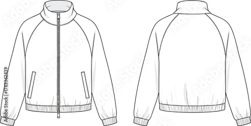 cad drawing flat vector illustration, bomber jacket technical sketch, fashion flat template, front and back view, apparel design mockup, outerwear fashion