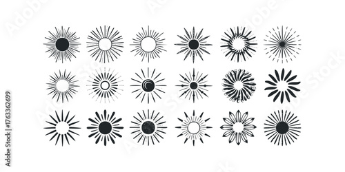 Set of Hand Drawn Sunburst Rays and Starburst Symbols