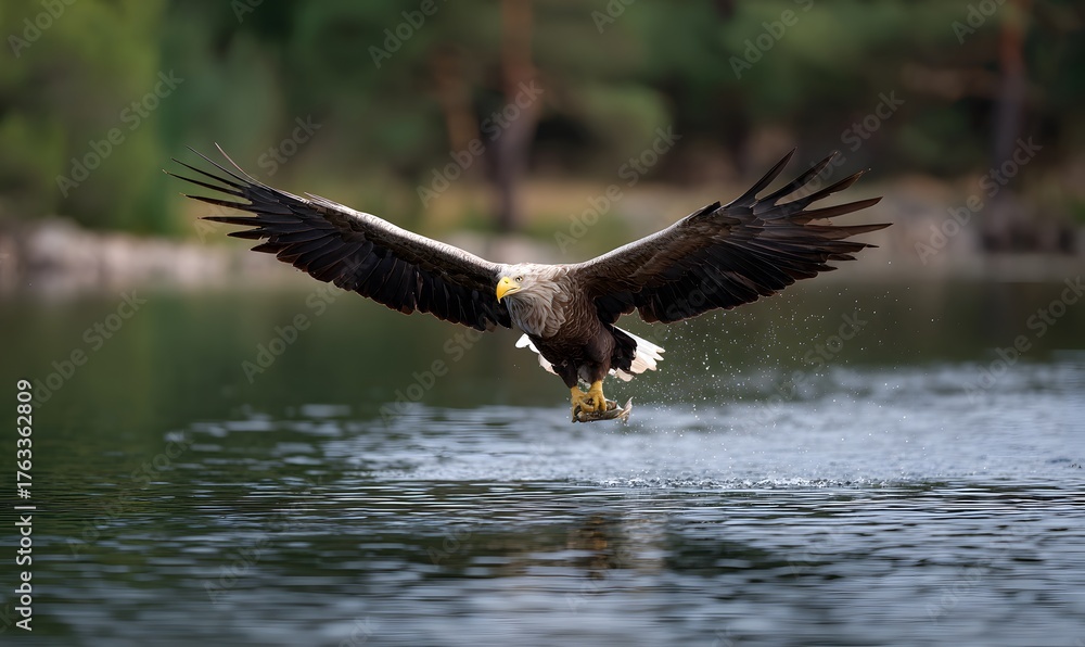 Fototapeta premium an osprey flying toward the viewer with its wings wide open, its eyes sharp and its prey fish in its beak.