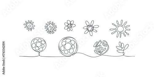 Continuous line drawings of abstract organic shapes and film reels
