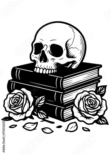 Black and white vector of stacked books with a skull and roses, perfect for fantasy, dark romance, engraving and creative projects for book lovers