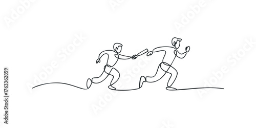 Two abstract figures passing a baton in a continuous line drawing