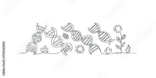 Continuous line drawing of DNA strands and flora