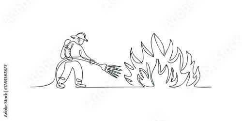 Single line drawing of firefighter extinguishing flames