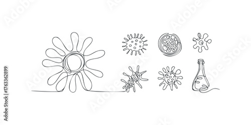 Abstract Line Art Collection of Microorganisms and Flask
