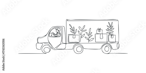 Delivery truck filled with potted plants and gift boxes
