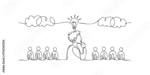 Single line drawing of a person with a bright idea above their head standing in front of a group