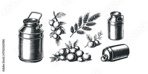 Vintage Milk Cans and Fruit Illustrations