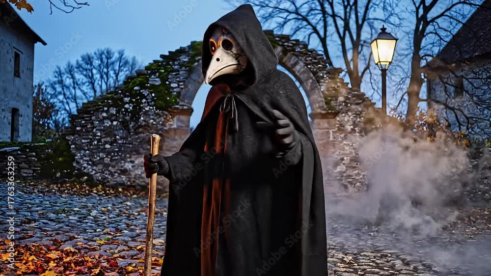 Plague doctor in a black robe and bird mask standing outdoors a ...