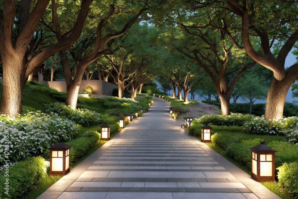Obraz premium Park pathway with trees and decorative garden lights