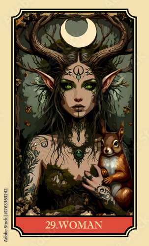 The woman. A comic-style fantasy card from the Lenormand Oracle deck. The classic 5:3 ratio for divination cards.