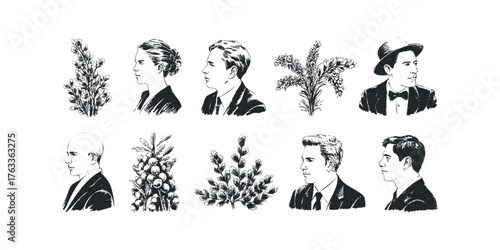 Line art portraits of men and women with botanical elements