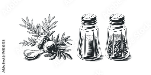 Olive branch with fruits and salt and pepper shakers