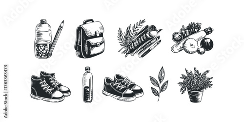 Collection of black and white sketches of everyday objects