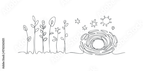 Simple line drawing of growing plants and celestial bodies