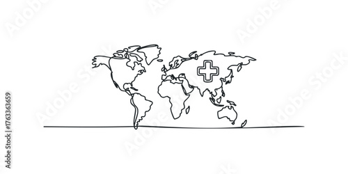 World map outline with medical cross symbol