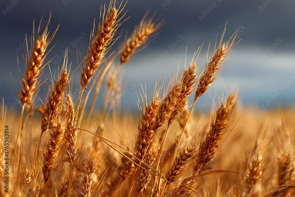 Fototapeta premium Golden wheat fields sway under a dramatic sky at sunset in a rural landscape