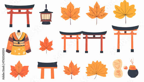 A collection of Japanese cultural elements including torii gates, a traditional kimono, lanterns, and autumn maple leaves, alongside a steaming pot and nuts.