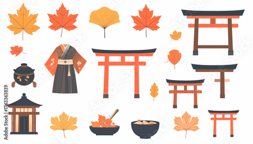 A collection of flat design illustrations showcasing Japanese autumn symbols and cultural elements like torii gates, maple leaves, and traditional attire.