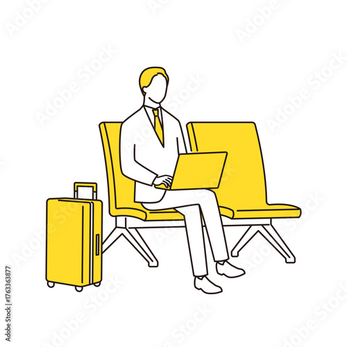 スーツの男性がベンチに座ってパソコンで仕事をしている線画イラスト