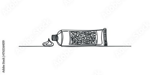 Single line drawing of squeezed paint tube with flowing substance