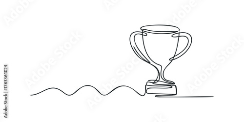 Single line drawing of a trophy with flowing ribbon