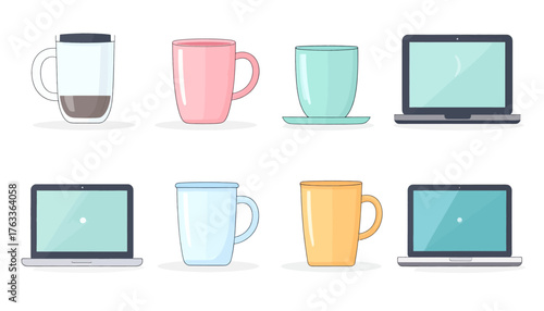 A neat arrangement of four colorful mugs and four open laptops, alternating in a simple, clean, cartoon-style illustration.