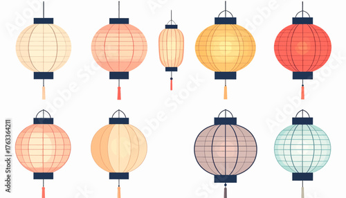 A colorful collection of traditional Chinese paper lanterns in various shapes and sizes on a white background.