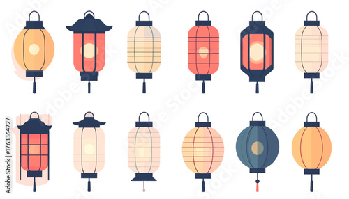 A collection of colorful illustrated Asian paper lanterns in various shapes and designs isolated on a white background.